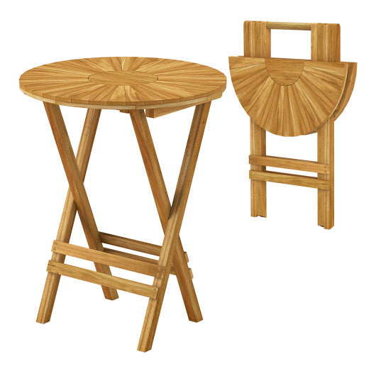Patio Folding Side Table Teak Wood Round End Table with Slatted Tabletop and X-Shaped Frame