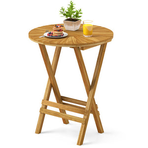 Patio Folding Side Table Teak Wood Round End Table with Slatted Tabletop and X-Shaped Frame