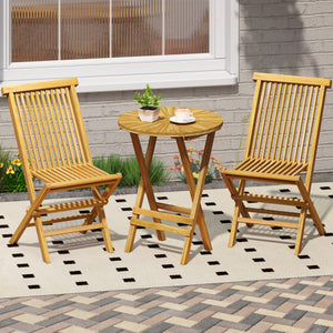 Patio Folding Side Table Teak Wood Round End Table with Slatted Tabletop and X-Shaped Frame