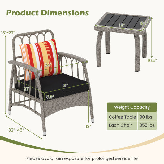 3 Pieces Patio PE Wicker Furniture Set with 5-Level Adjustable Backrest-Gray