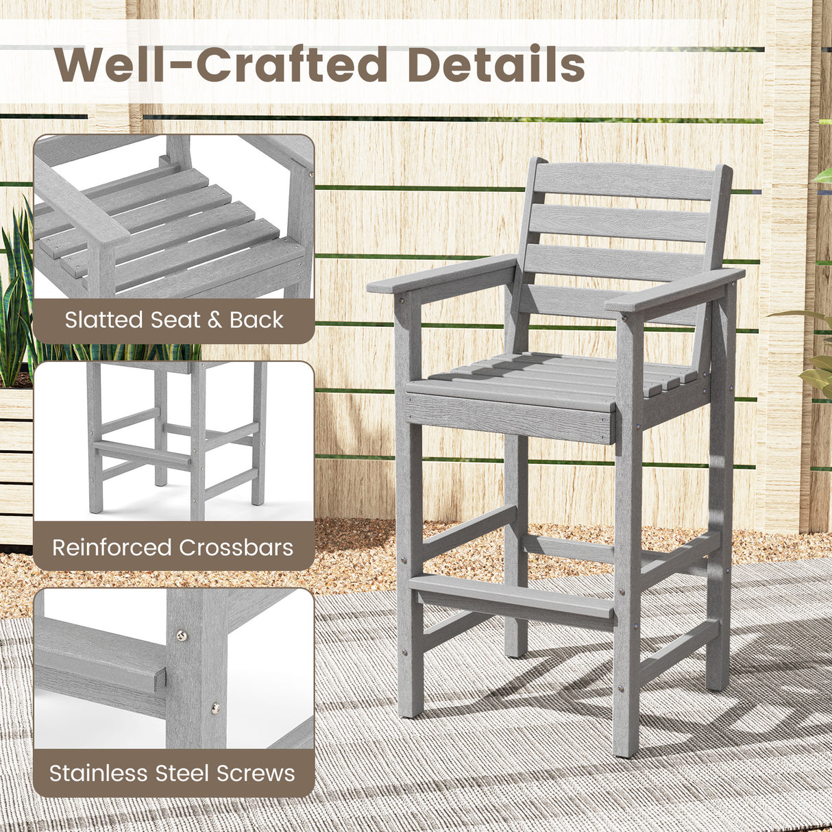Patio HDPE Adirondack Bar Chairs Set of 2 with Wide Armrests-Gray