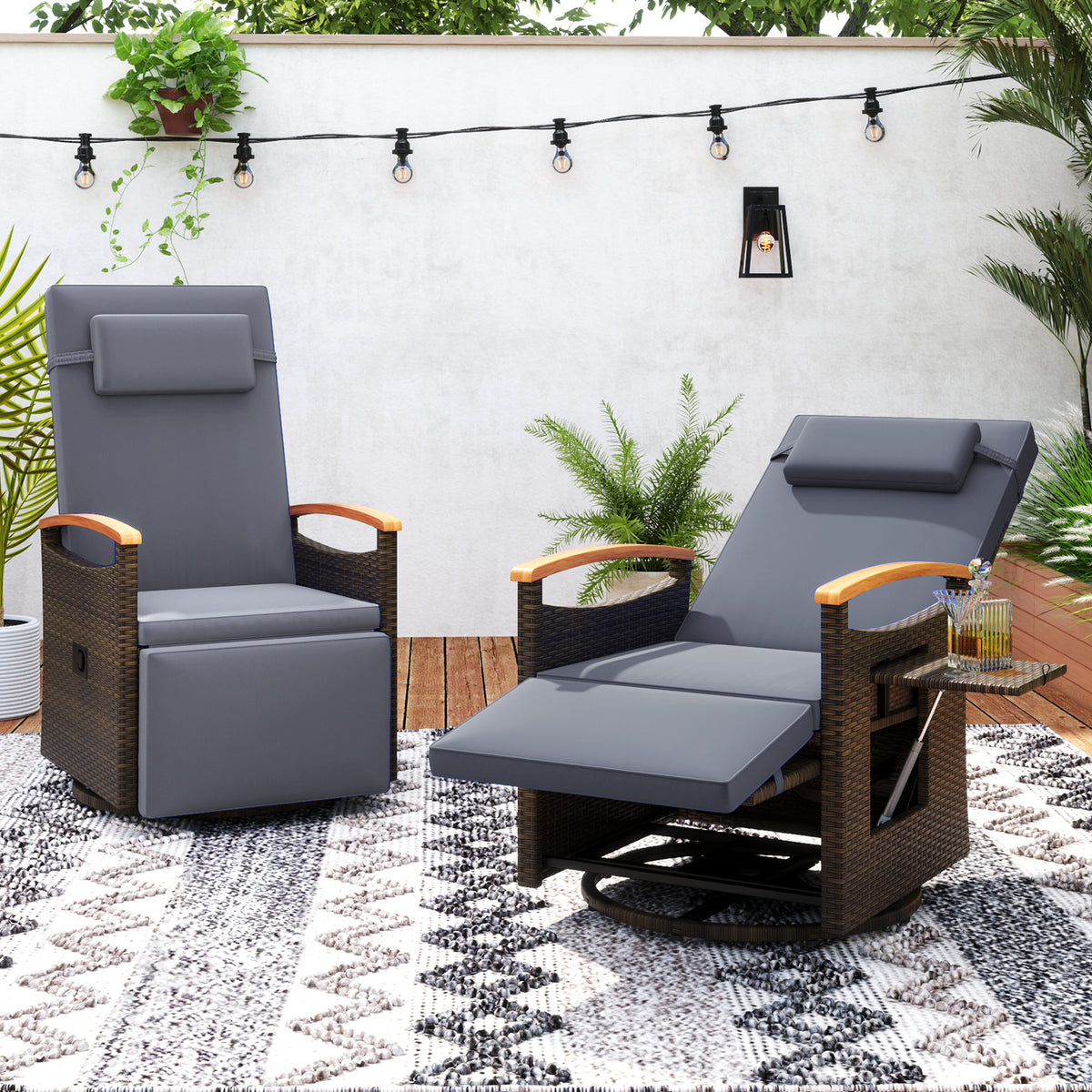 Set of 2 Patio Rattan 360Â° Swivel Recliner Chair with Adjustable Backrest and Footrest-Dark Gray