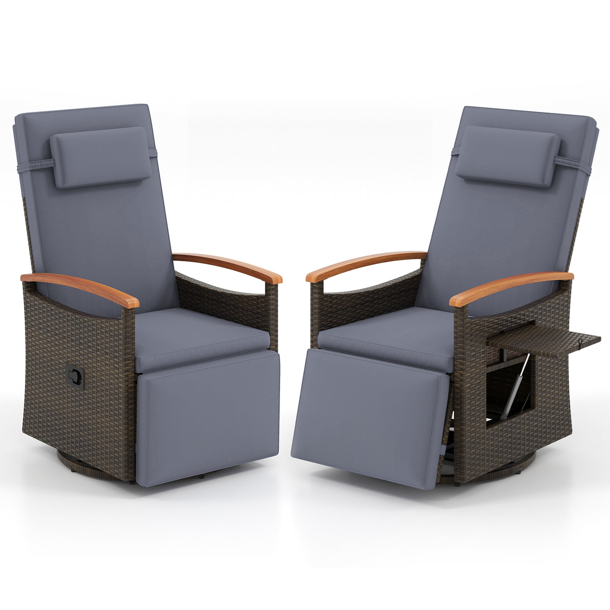 Set of 2 Patio Rattan 360Â° Swivel Recliner Chair with Adjustable Backrest and Footrest-Dark Gray