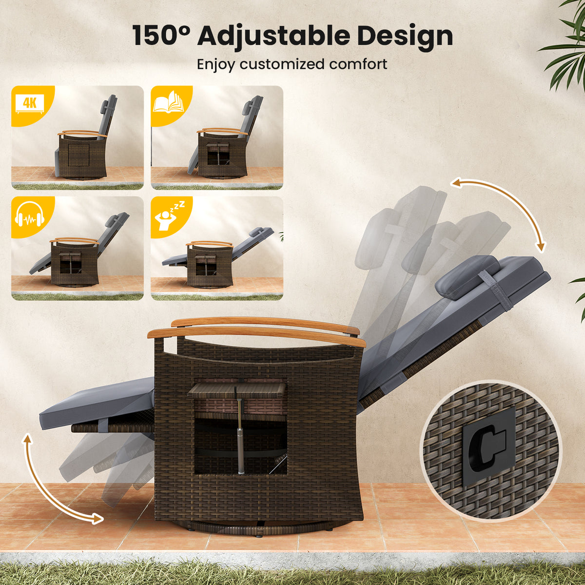 Set of 2 Patio Rattan 360Â° Swivel Recliner Chair with Adjustable Backrest and Footrest-Dark Gray