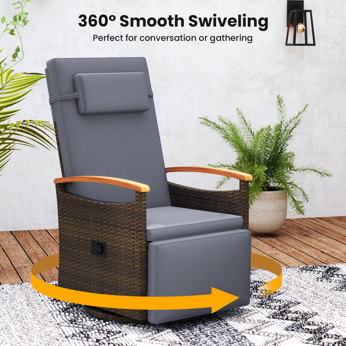 Set of 2 Patio Rattan 360Â° Swivel Recliner Chair with Adjustable Backrest and Footrest-Dark Gray