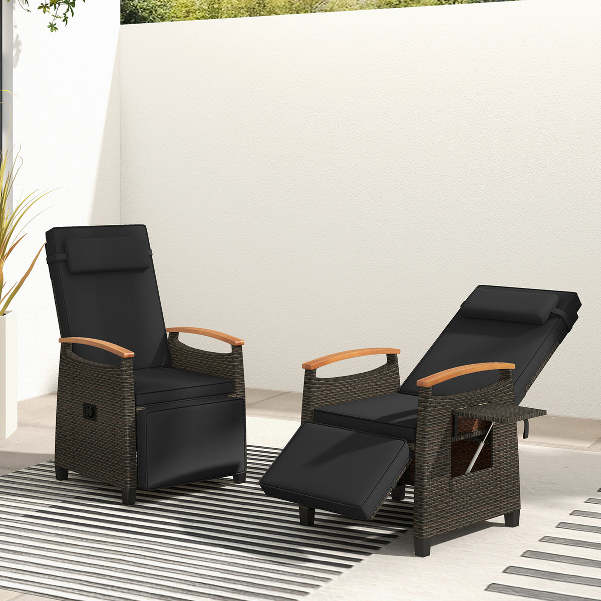Patio Wicker Recliner Chair with Adjustable Backrest and Footrest-Black
