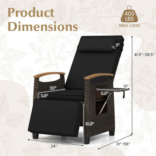 Patio Wicker Recliner Chair with Adjustable Backrest and Footrest-Black