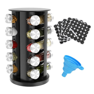 Daiumulti Rotating Spice Rack Organizer Spice Tower for Countertop Revolving Spice Rack Set for Cabinet Black Steel Kitchen Seasoning Organizer with 20 Jars and Funnel
