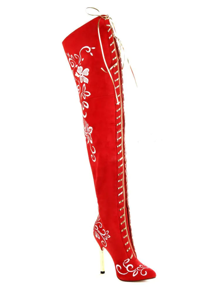 Elegant Embroidered Over The Knee Stiletto Boots