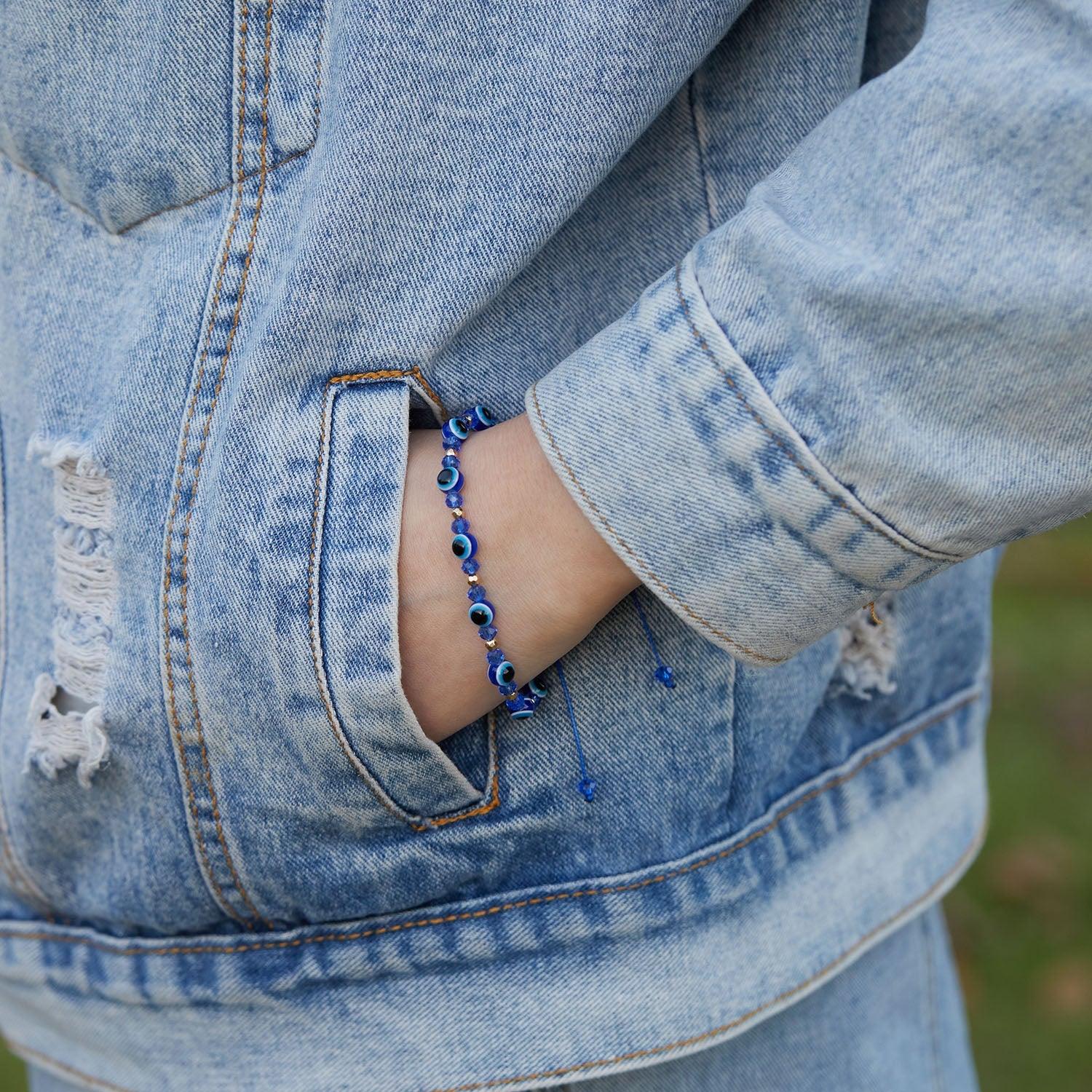 Pinky Promise Blue Bracelet Sets Colorful Crystal Bead Rope Chain Lucky Couple Bracelets Colorful Eye Bracelets Handmade Braided Rope Bracelets For Women Friendship Charm Jewelry