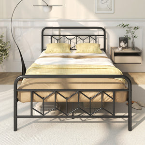Platform Bed with High Headboard and Snap Lock Metal Slats-Full Size