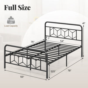 Platform Bed with High Headboard and Snap Lock Metal Slats-Full Size