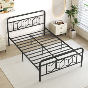 Platform Bed with High Headboard and Snap Lock Metal Slats-Full Size
