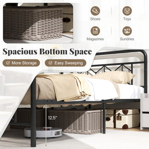 Platform Bed with High Headboard and Snap Lock Metal Slats-Full Size