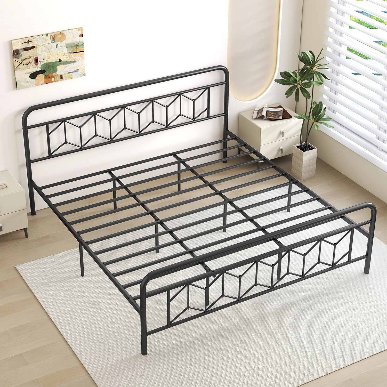Platform Bed with High Headboard and Snap Lock Metal Slats-King Size
