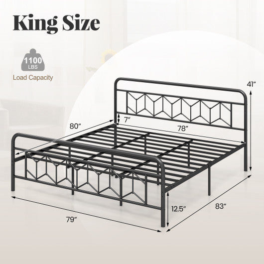 Platform Bed with High Headboard and Snap Lock Metal Slats-King Size
