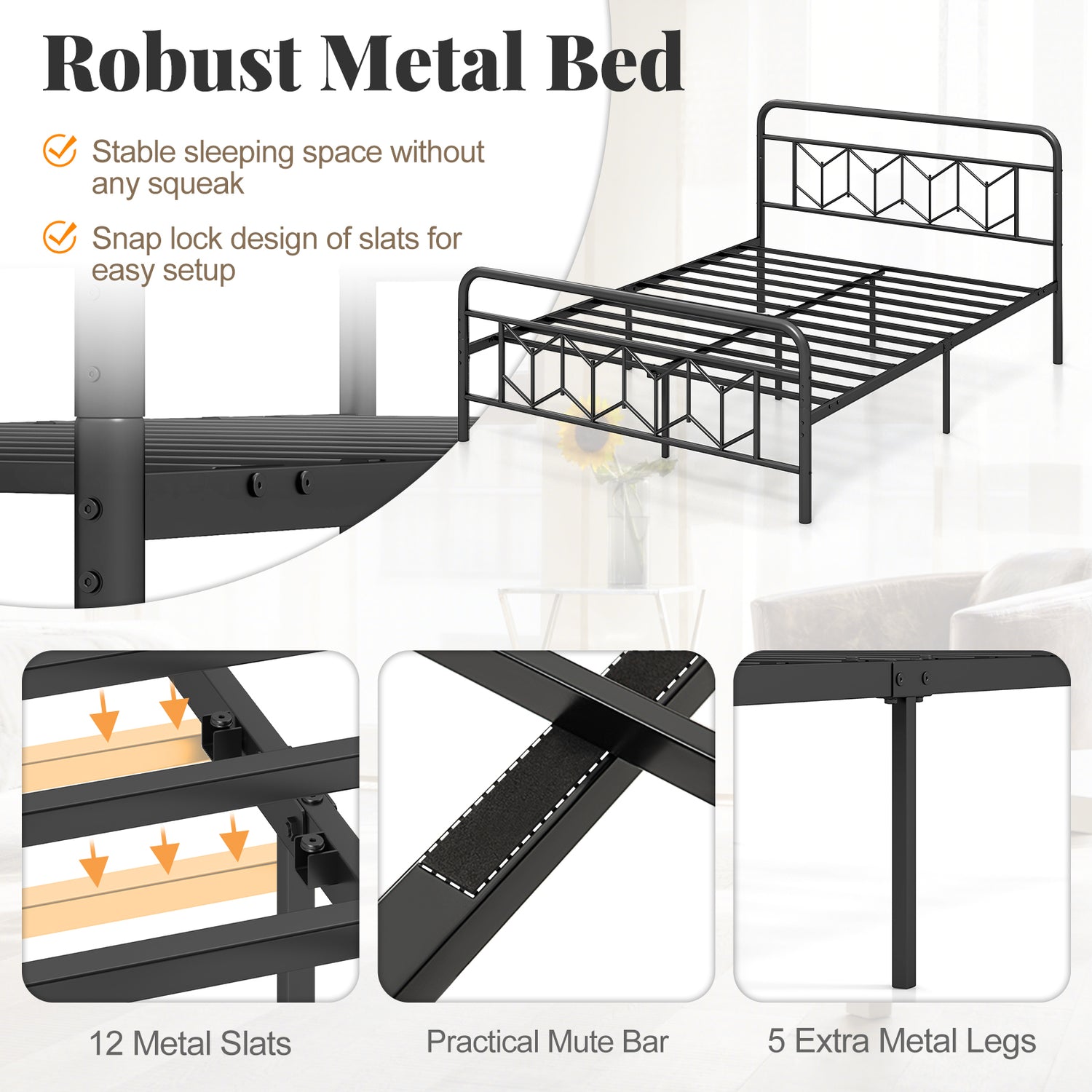 Platform Bed with High Headboard and Snap Lock Metal Slats-Queen Size
