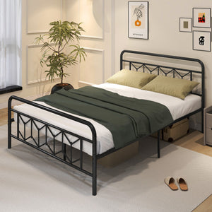 Platform Bed with High Headboard and Snap Lock Metal Slats-Queen Size