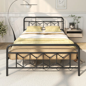 Platform Bed with High Headboard and Snap Lock Metal Slats-Queen Size