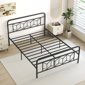 Platform Bed with High Headboard and Snap Lock Metal Slats-Queen Size