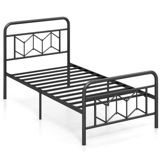 Platform Bed with High Headboard and Snap Lock Metal Slats-Twin Size
