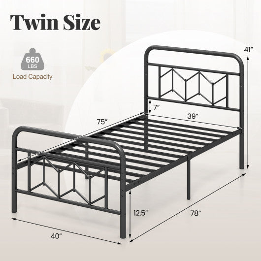 Platform Bed with High Headboard and Snap Lock Metal Slats-Twin Size
