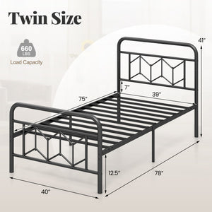 Platform Bed with High Headboard and Snap Lock Metal Slats-Twin Size