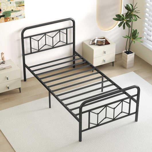 Platform Bed with High Headboard and Snap Lock Metal Slats-Twin Size