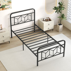 Platform Bed with High Headboard and Snap Lock Metal Slats-Twin Size