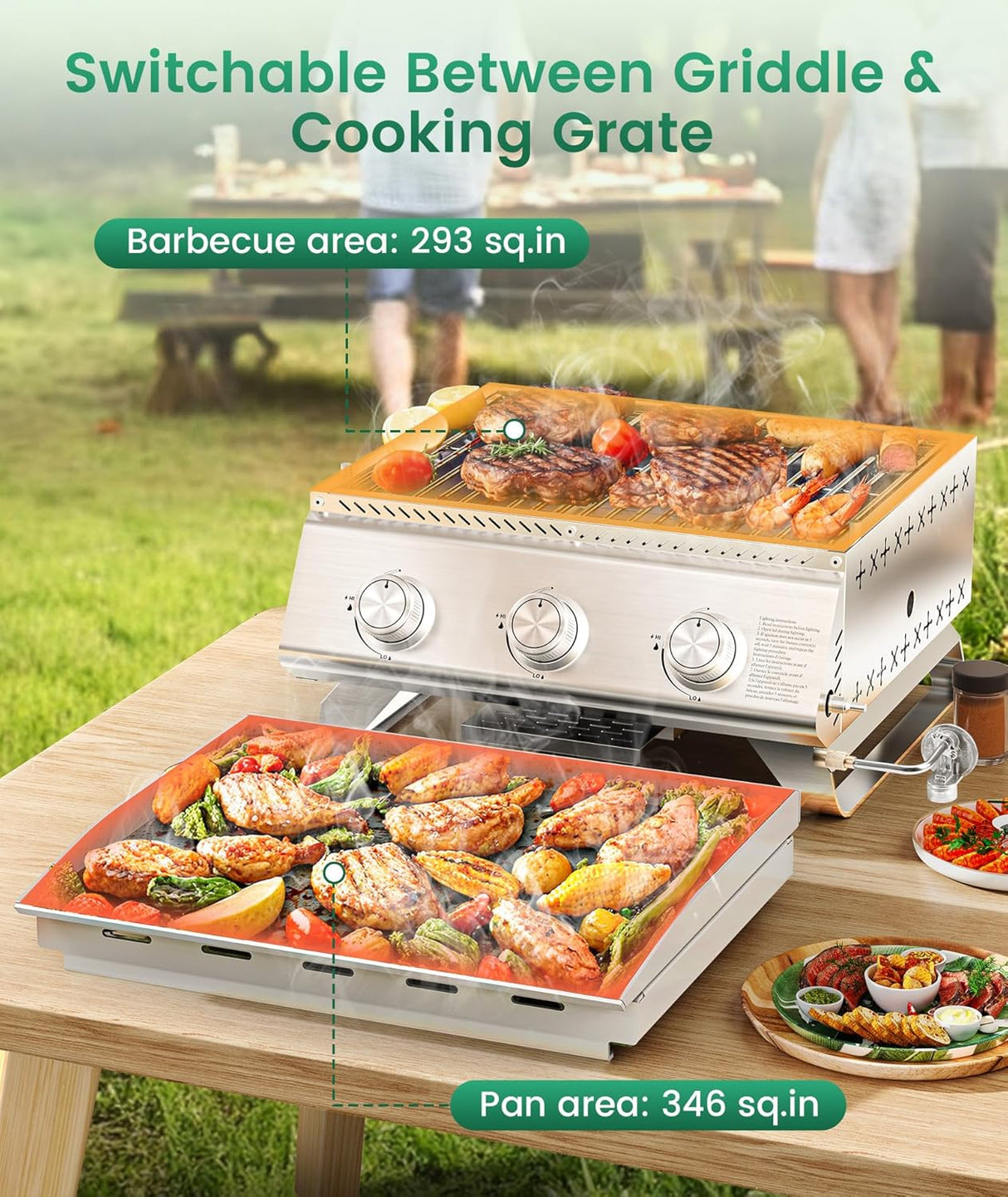 Portable 20-Inch 3-Burner Table Top Gas Grill Griddle