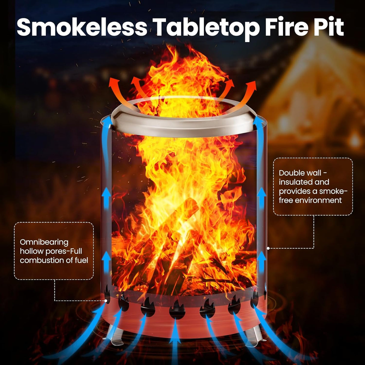 Portable Outdoor Fire Pit with Stand, Low Smoke Burning Tabletop Fire Pit Fuel