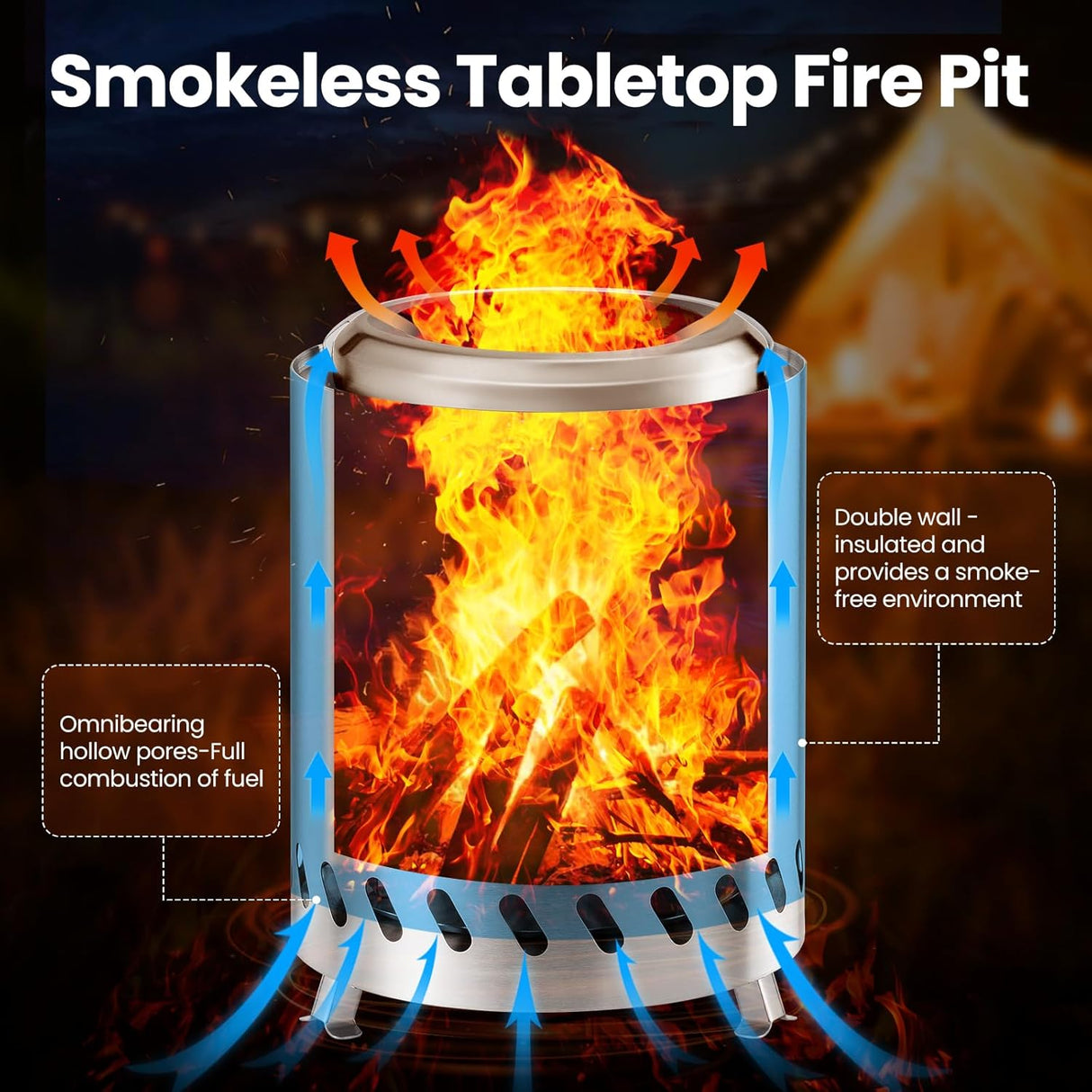 Portable Outdoor Fire Pit with Stand, Low Smoke Burning Tabletop Fire Pit Fuel