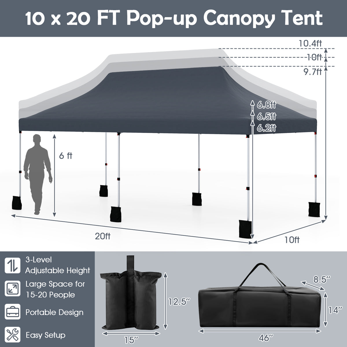 10 x 20 FT Pop up Canopy Tent Foldable Portable Outdoor Gazebo with Carry Bag-Black