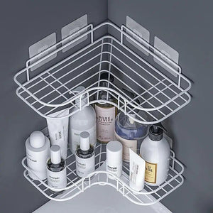 Premium Quality Bathroom Kitchen Punch Corner Frame Shower Shelf Wrought Iron Shampoo Storage Rack Holder with Suction Cup Bathroom Accessories