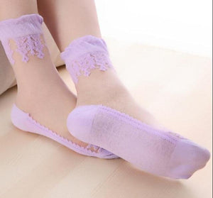 Summer Ladies Lace Embroidery Silk Transparent Glass Crystal Stretch Women Socks Breathable See Through Socks Ankle Socks For Women