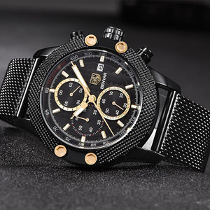 Sport Chronograph Fashion Luxury Men Watches Mesh & Rubber Band Waterproof Quartz Gold Watch For Men