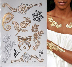 Luxury Flash Metallic Waterproof Temporary Tattoo Gold Silver Flower Tattoo Sticker Long Lasting Gold Design For Womens