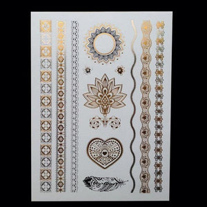 Luxury Flash Metallic Waterproof Temporary Tattoo Gold Silver Flower Tattoo Sticker Long Lasting Gold Design For Womens