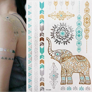 Luxury Metallic Gold Waterproof Temporary Tattoo Feather Elephant Fashion Different Design Tattoos For Womens