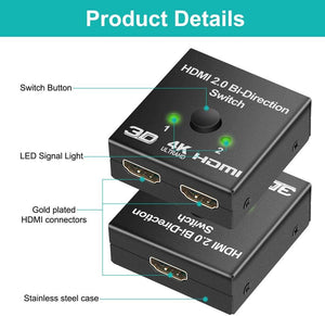 4K HDMI Switch Splitter 2 Ports Bi-Directional HDMI Switch 2 Port Display Selector Switcher Splitter Supports Ultra HD 4K 1080P 3D HDR For HDTV Gaming