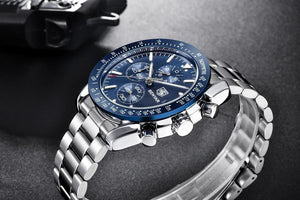 New Men Silver Blue Watch Business Analog Chronogragh Full Steel Luxury Casual Male Waterproof Sports Design Watches