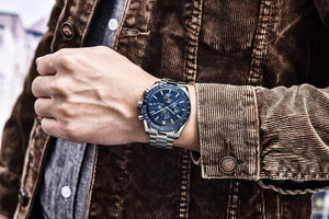 New Men Silver Blue Watch Business Analog Chronogragh Full Steel Luxury Casual Male Waterproof Sports Design Watches
