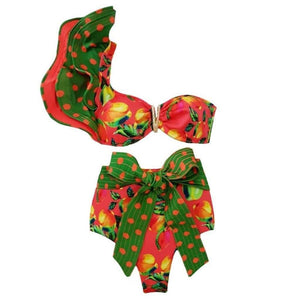 Two-Pieces Women Floral Push-Up Padded Bra Ruffles Bikini Set Swimsuit Swimwear Bathing Suit Beachwear Floral Printed Swimsuit Knotted String Triangle Bikini Tie Side High Cut Cheeky Bikini Set