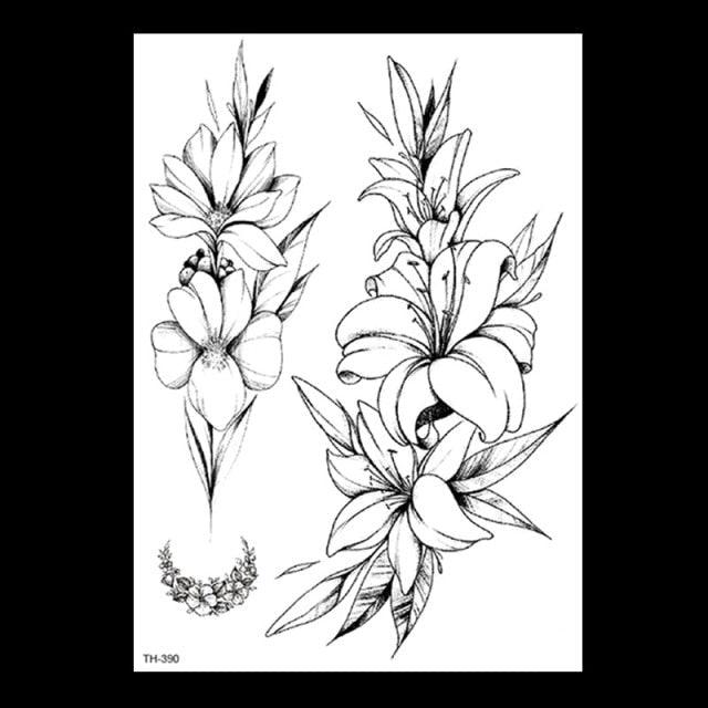 49 Sheets Waterproof Temporary Black Sketches Flowers Tattoo Stickers Flower Rose Tattoos For Women Adults