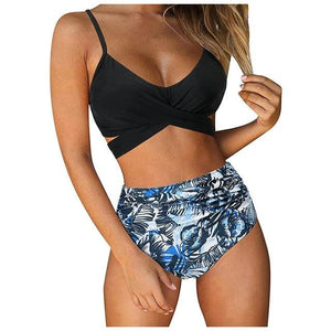 Modern Floral Bikini 2 Pieces Flower Print Bikini Set Women Crisscross High Waist String 2 Piece Bathing Suits High Waist Women's Swimsuit Shorts Solid Bikini Floral Summer Bikini Set