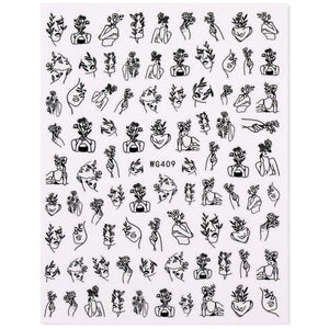 Sexy Lady Shaped 3D Nail Stickers Character Face Image Leaves Flower Decals Slider Black White Nail Art Decoration Manicure Decoration Nail Art Supplies 3D Self-Adhesive Nail Decals Designer Nail Stickers for Acrylic Nails
