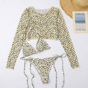 Leopard Print 3 Piece Set Long Sleeves Swimsuit 3 Piece Swimsuit Set Halter High Waist Bathing Suit With Long Sleeve Swimwear Cover Up Women's Swimming Bikini Low Waist Swimwear Women Bathing Suit