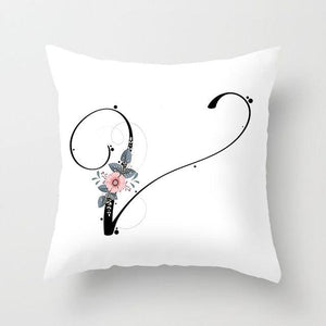 Black Alphabet Flower Print Pillow Cover White Polyester Modern Cushion Cover Decorative Pillowcase For Sofa Bed Chair Car Throw Pillow Covers Decorative Pillow Cases ABC Letter Cushion Covers Square Pillow Protectors Home Decor 45x45cm