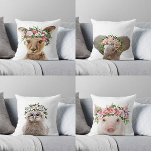 Cute Baby Animals Pattern Pillow Case Cotton Linen Cushion Cover for Home Sofa Pillow Covers, Cushion Covers Tiger Bunny Rabbit Horse Sheep Bear With Head Flowers Decorative Velvet Pillow Covers 45X45CM