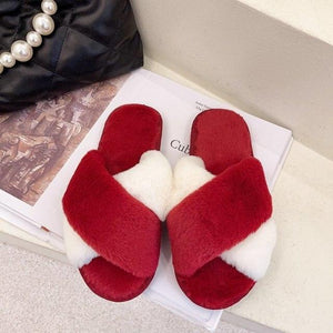 Fluffy Slippers Women Cozy Faux Fur Cross Indoor Floor Slides Flat Soft Furry Shoes Fluffy Furry Fur Slippers Flip Flop Open Toe Cozy House Memory Foam Sandals Slides Soft Flat Comfy Slippers